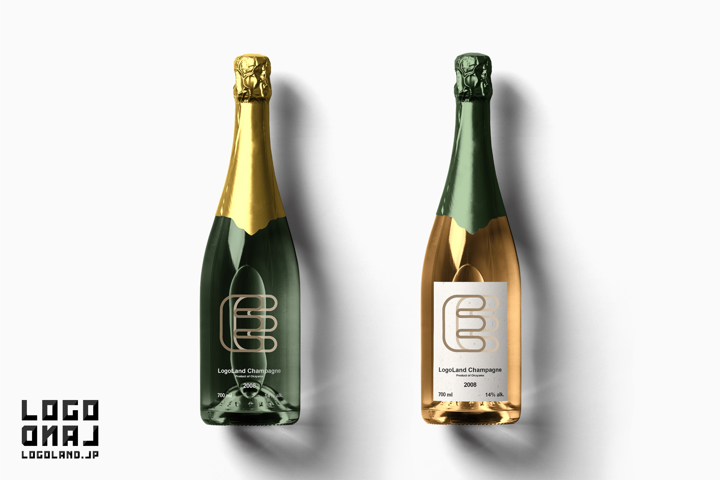 アルファベットのEをベースとした2本のラインが重なりつながりと調和を象徴するシンプルでやわらかく力強いロゴが入ったシャンパン