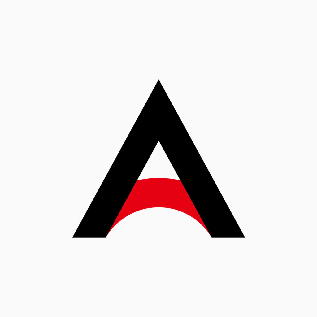 同じ太さの丸い曲線と2本の直線でアーチ型のアルファベットの大文字のAを表現した未来感と安定感を感じるシンプルで洗練されたロゴ